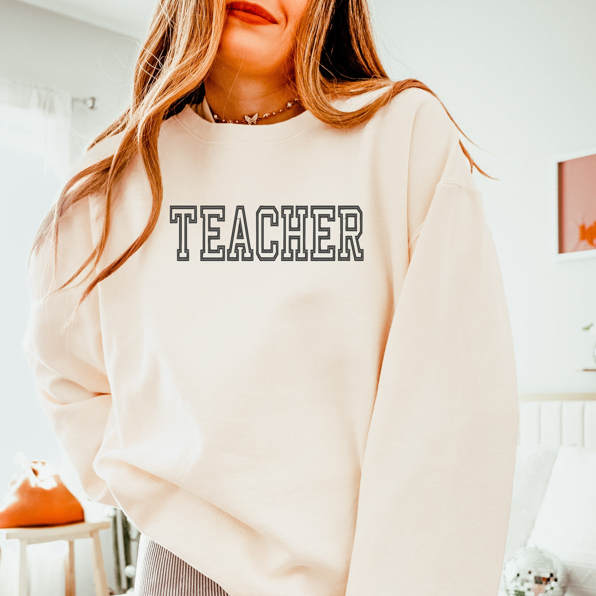 Embroidered Teacher Outline - Women's Lightweight Garment Dyed Sweatshirt
