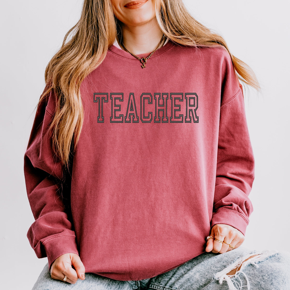 Embroidered Teacher Outline - Women's Lightweight Garment Dyed Sweatshirt