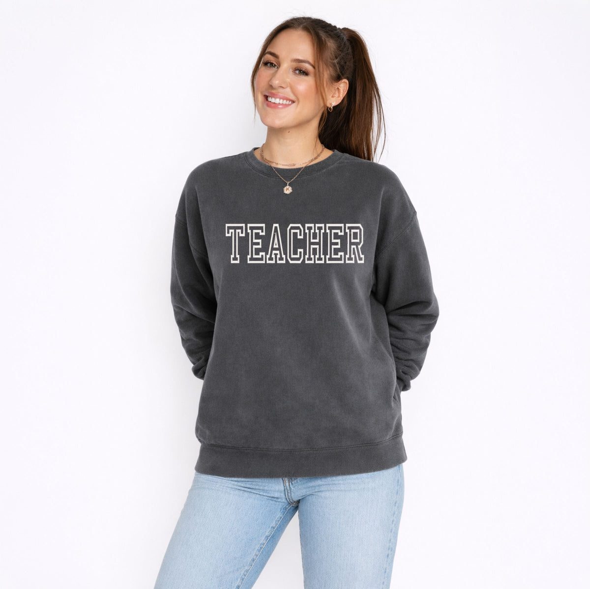 Embroidered Teacher Outline - Women's Lightweight Garment Dyed Sweatshirt