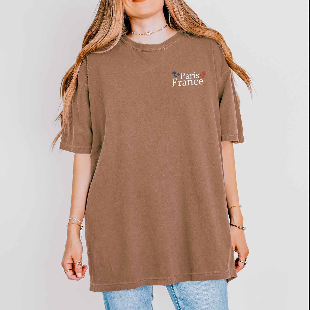 Embroidered Paris France Stars - Women's Garment Dyed Graphic T-Shirt