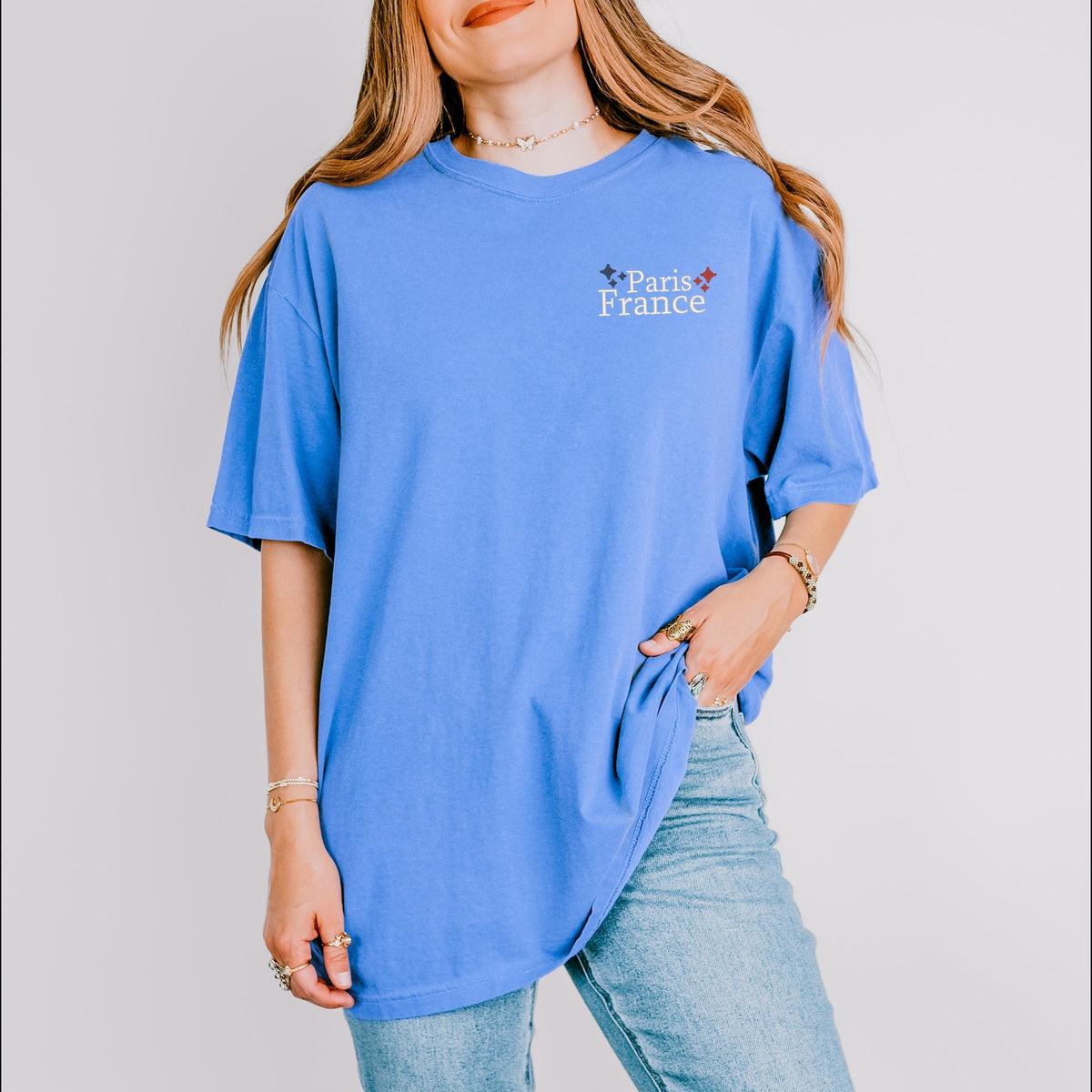 Embroidered Paris France Stars - Women's Garment Dyed Graphic T-Shirt