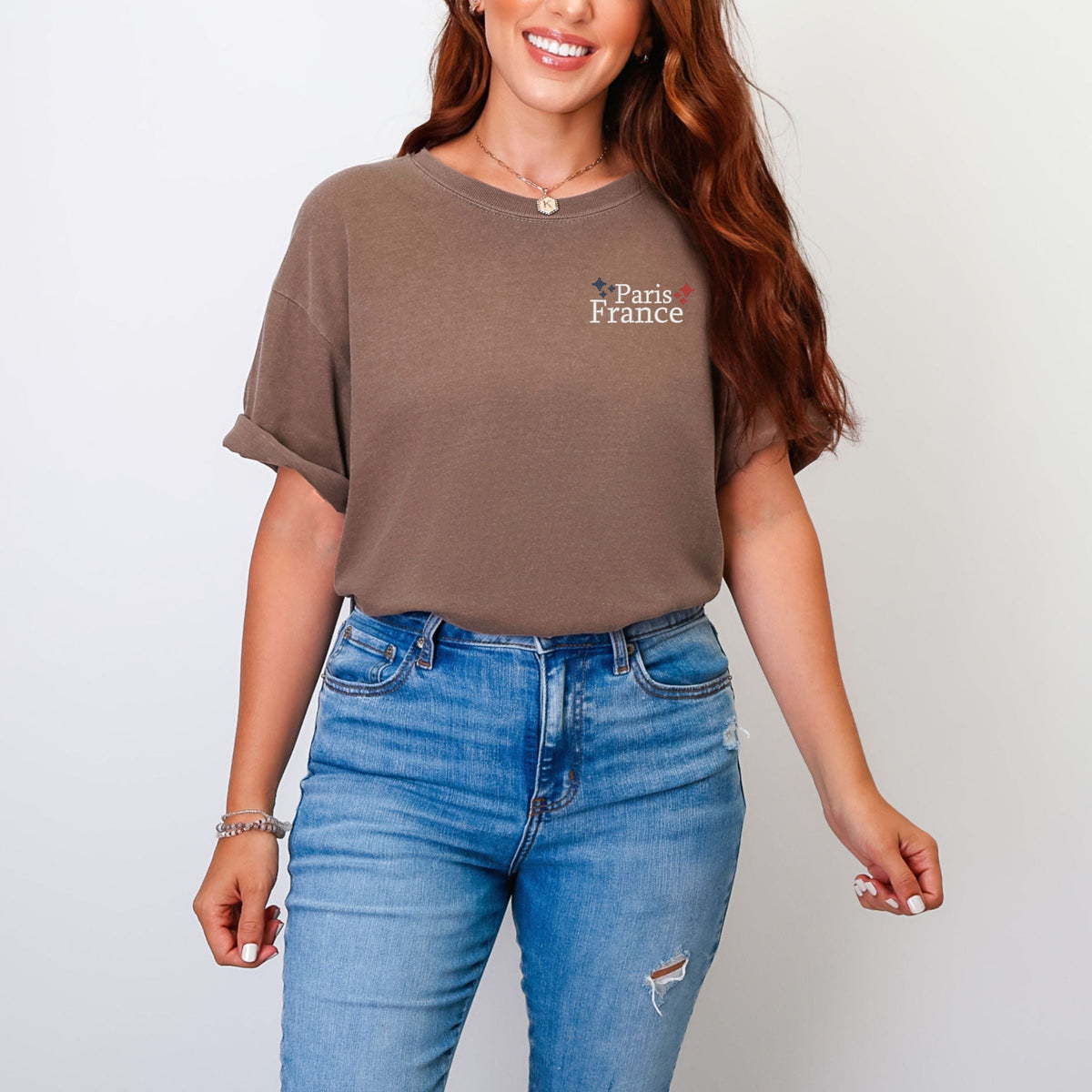 Embroidered Paris France Stars - Women's Garment Dyed Graphic T-Shirt