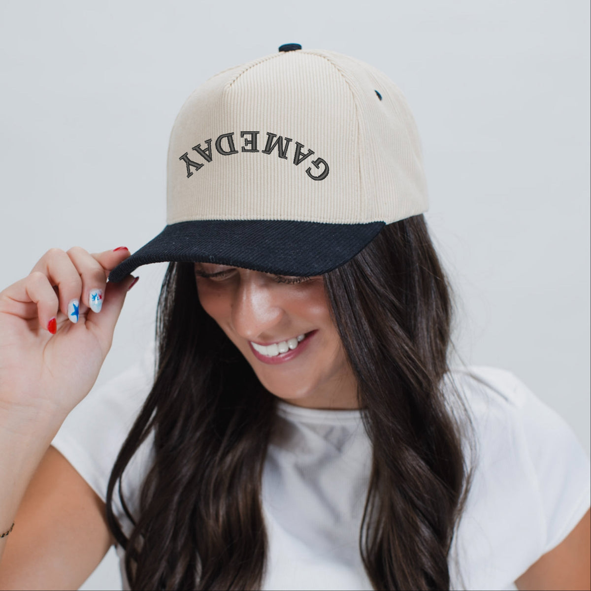 3D Puff Embroidered Game Day Upside Down Arch - Women's Corduroy Trucker Hat
