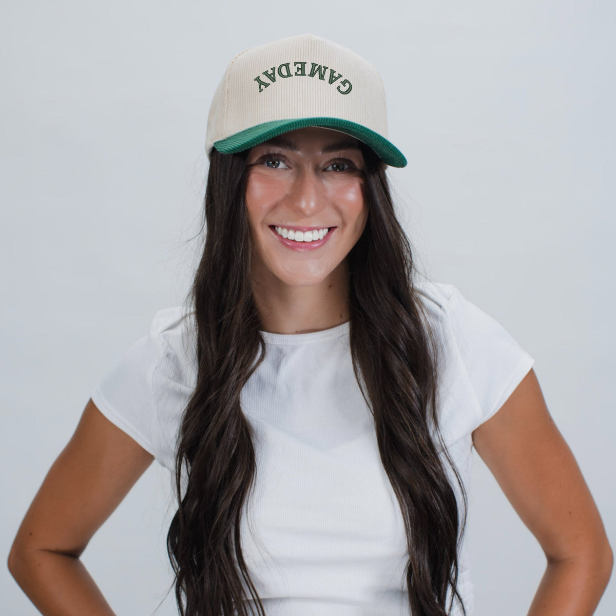 3D Puff Embroidered Game Day Upside Down Arch - Women's Corduroy Trucker Hat