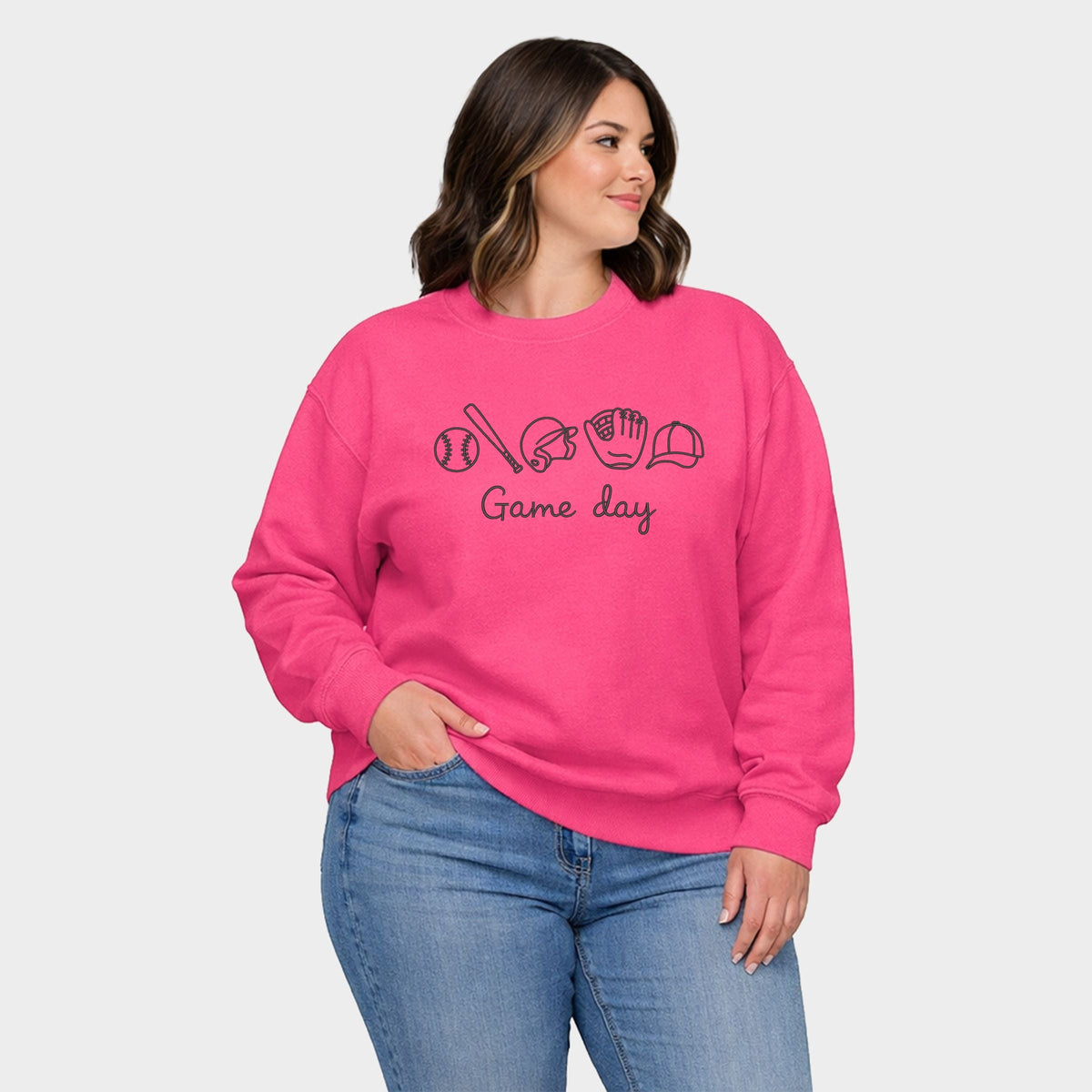 Embroidered Baseball Game Day Icons - Women's Plus Sized Graphic Sweatshirt