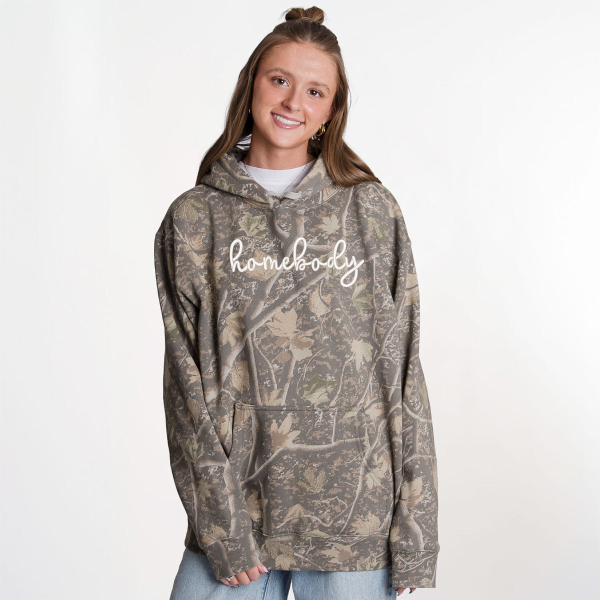 Embroidered Homebody Cursive - Camo Hoodie