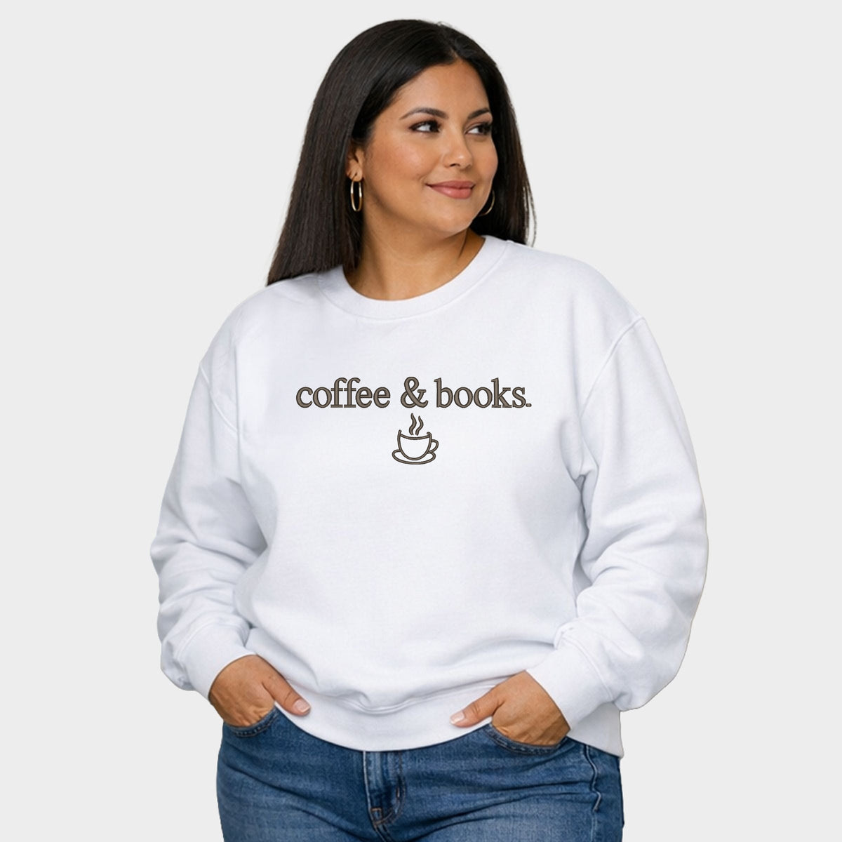 Embroidered Coffee & Books - Women's Plus Sized Graphic Sweatshirt