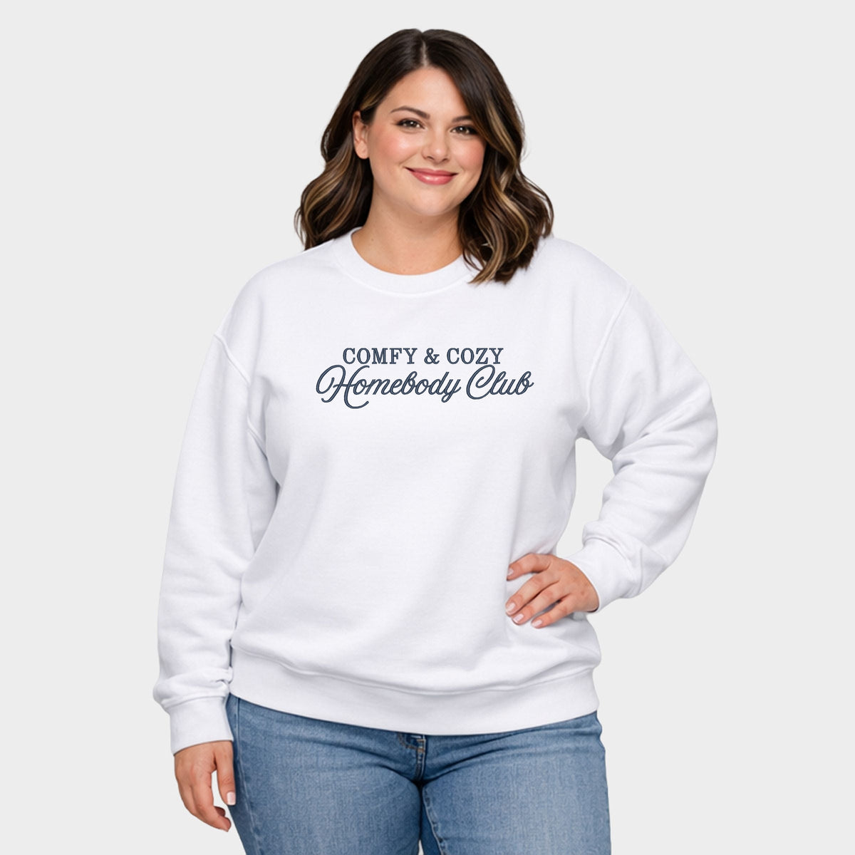 Embroidered Comfy & Cozy Homebody Club - Women's Plus Sized Graphic Sweatshirt