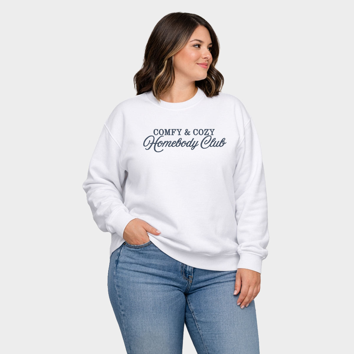 Embroidered Comfy & Cozy Homebody Club - Women's Plus Sized Graphic Sweatshirt