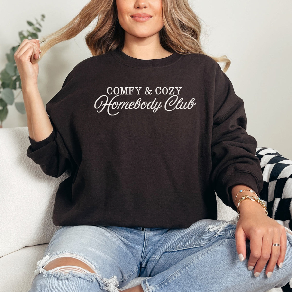 Embroidered Comfy & Cozy Homebody Club - Women's Graphic Sweatshirt