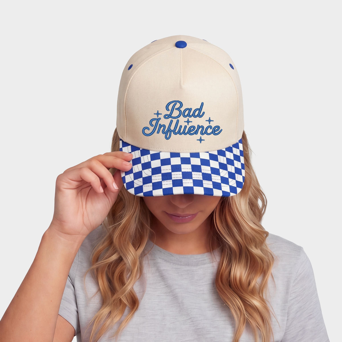 Embroidered Bad Influence Stars - Women's Canvas Trucker Hat