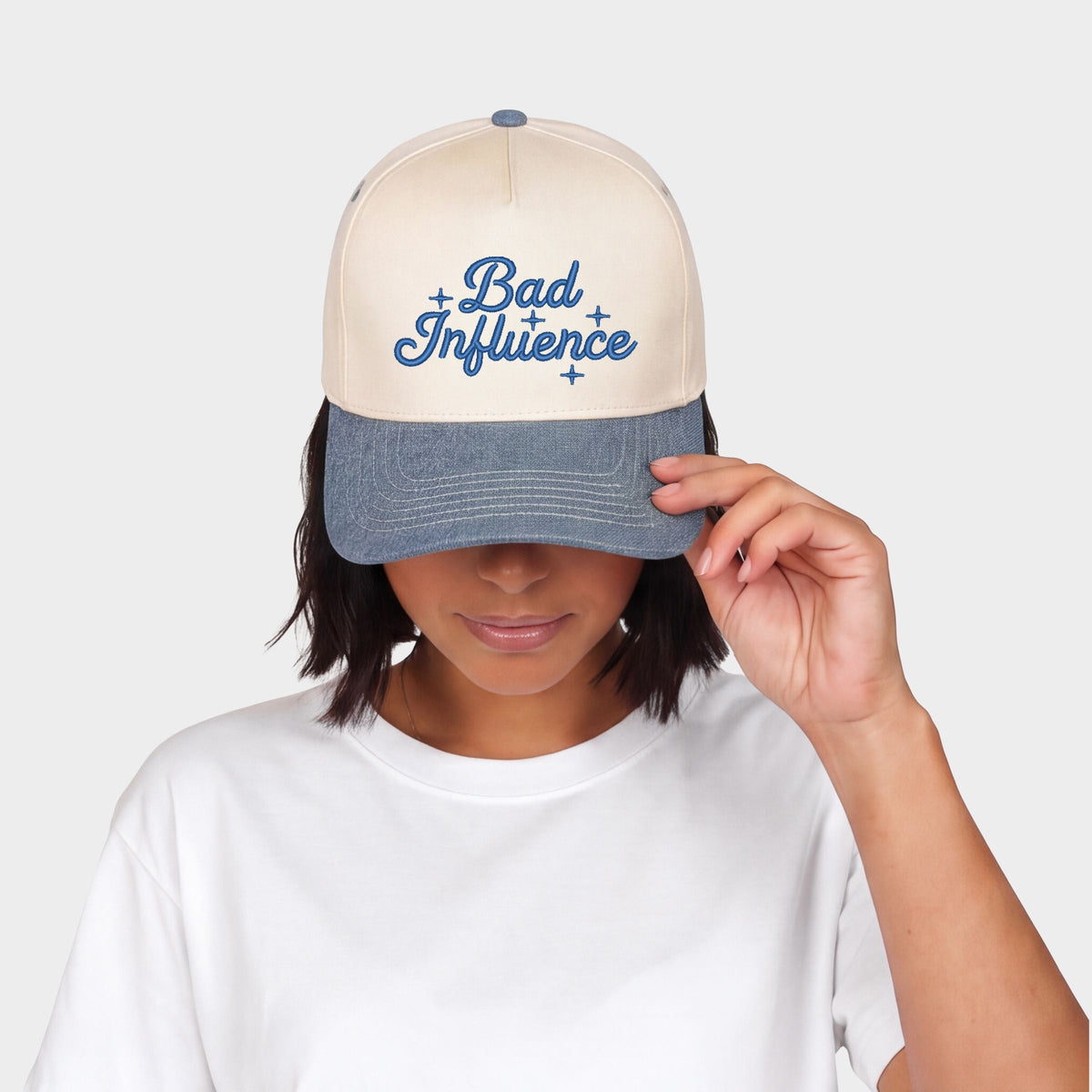 Embroidered Bad Influence Stars - Women's Canvas Trucker Hat