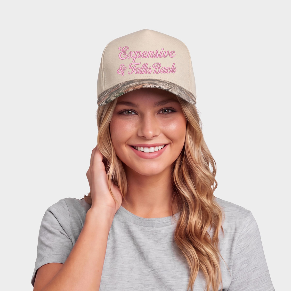 Embroidered Expensive & Talks Back - Women's Canvas Trucker Hat