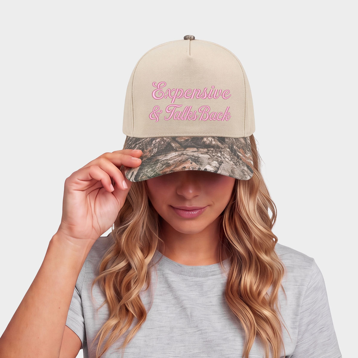 Embroidered Expensive & Talks Back - Women's Canvas Trucker Hat