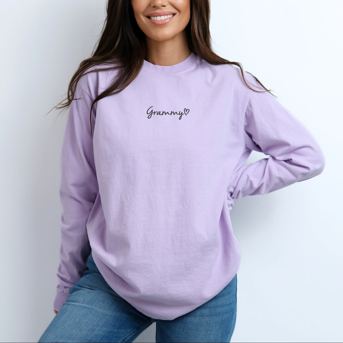 Embroidered Grammy Heart - Women's Garment Dyed Long Sleeve Graphic T-Shirt