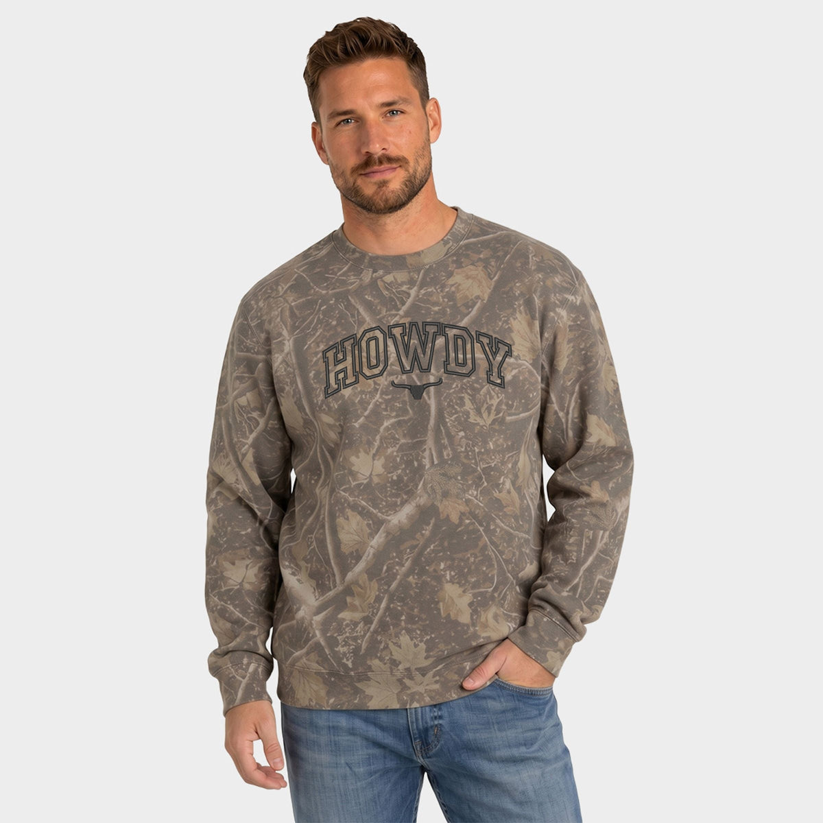 Embroidered Howdy Bull Varsity - Men's Camo Sweatshirt