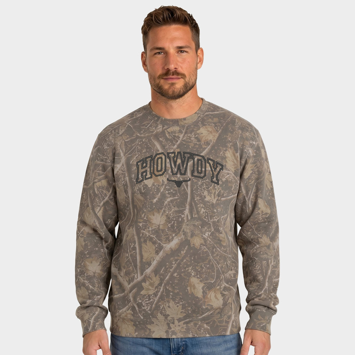 Embroidered Howdy Bull Varsity - Men's Camo Sweatshirt