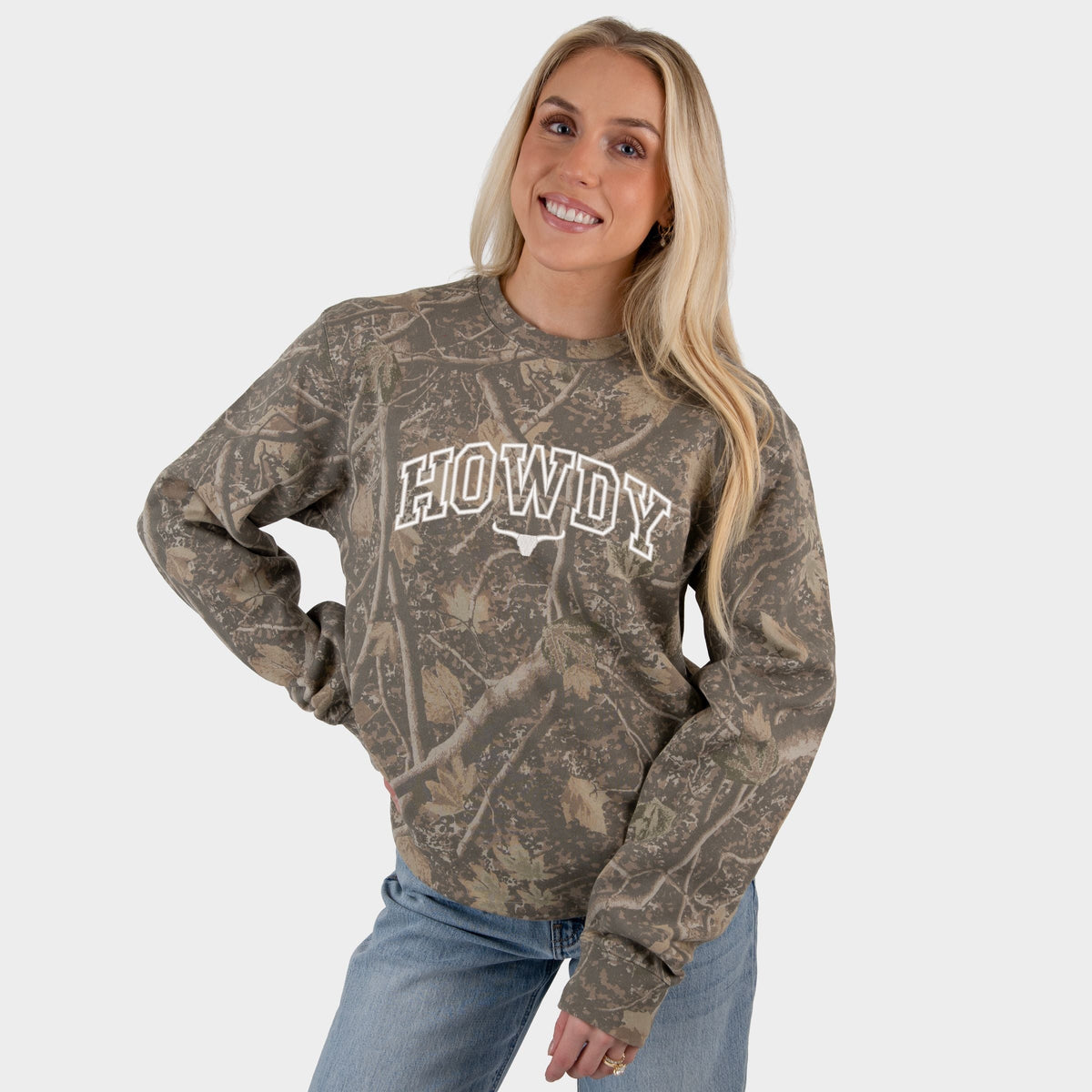 Embroidered Howdy Bull Varsity - Women's Camo Sweatshirt