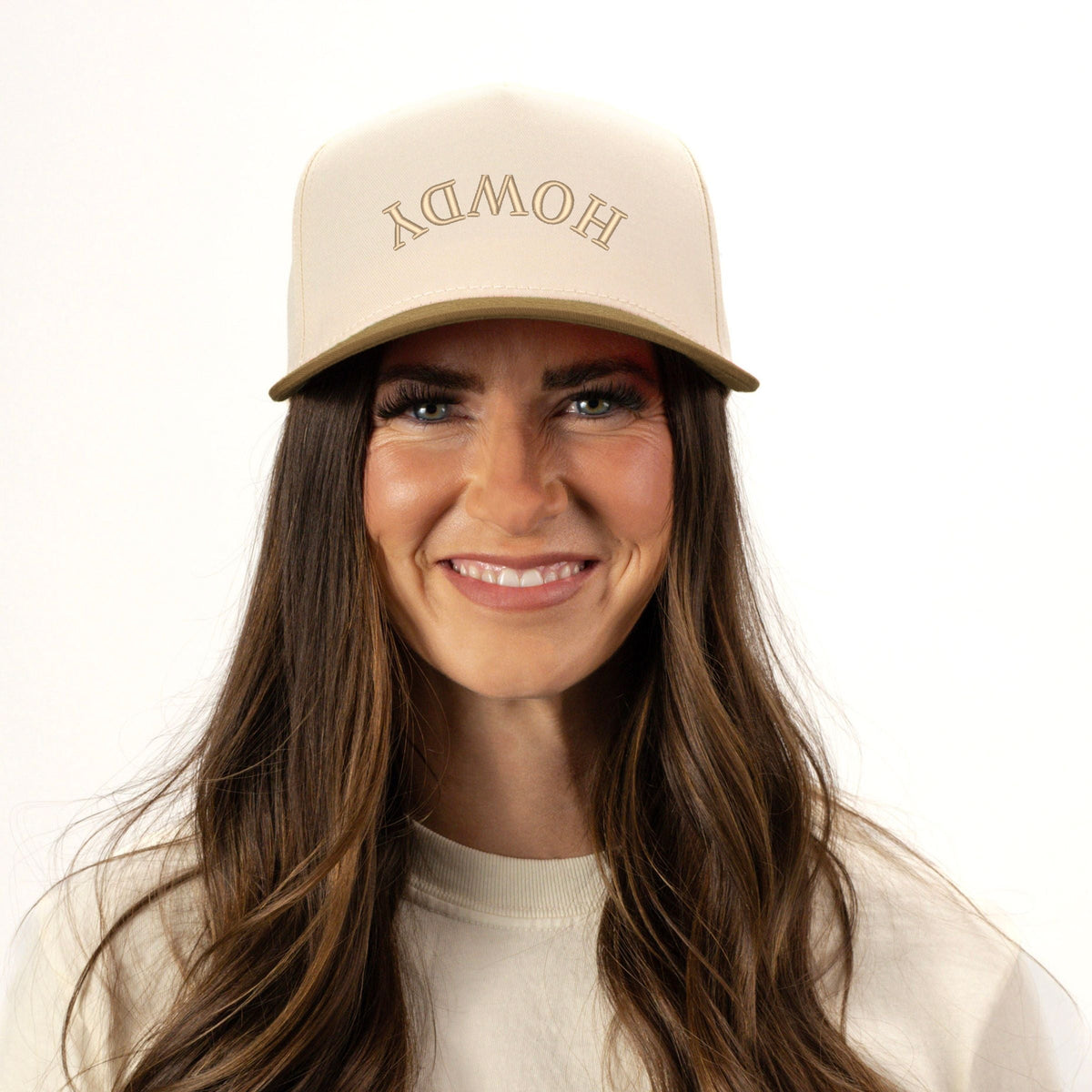 3D Puff Embroidered Howdy Upside Down Arch - Women's Canvas Trucker Hat