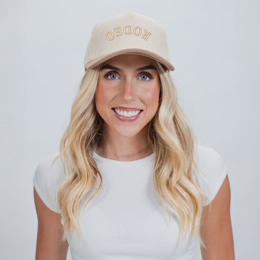 3D Puff Embroidered Rodeo Upside Down Arch - Women's Corduroy Trucker Hat