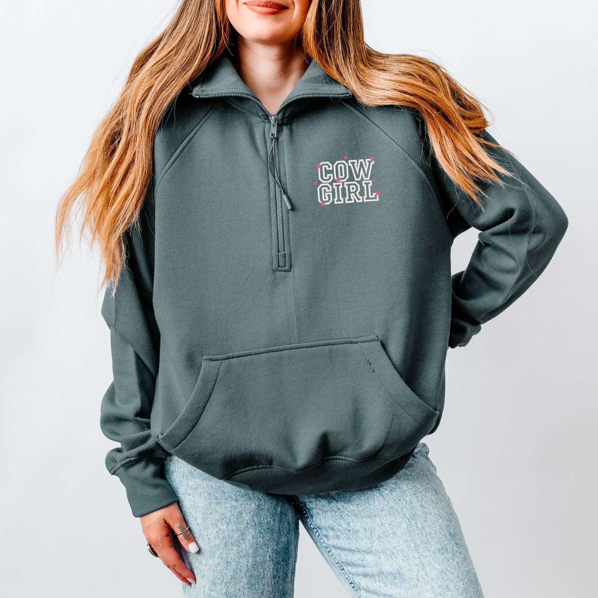 Embroidered Cow Girl Stacked - Women's Quarter Zip Fleece Graphic Sweatshirt