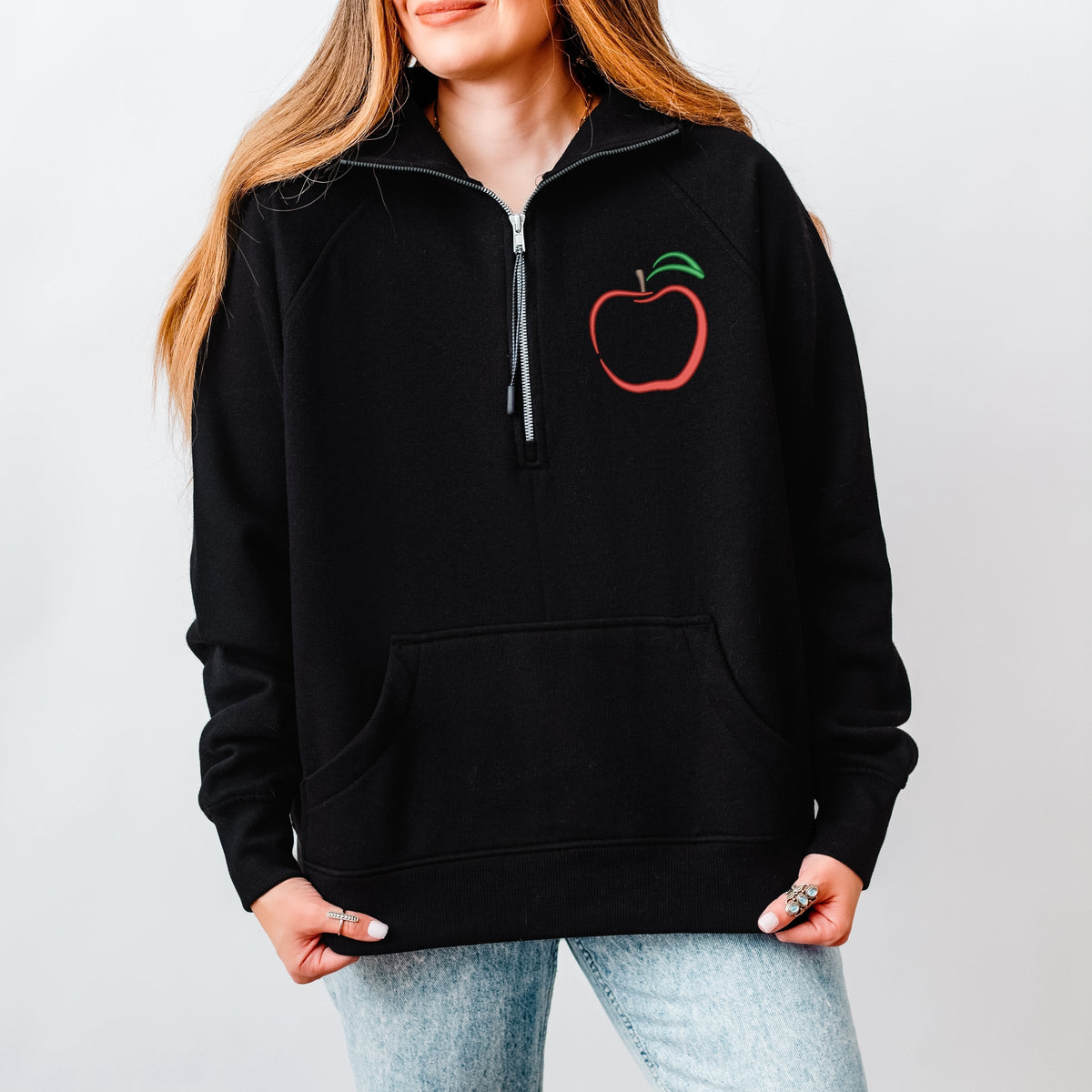 Embroidered Apple - Women's Quarter Zip Fleece Graphic Sweatshirt