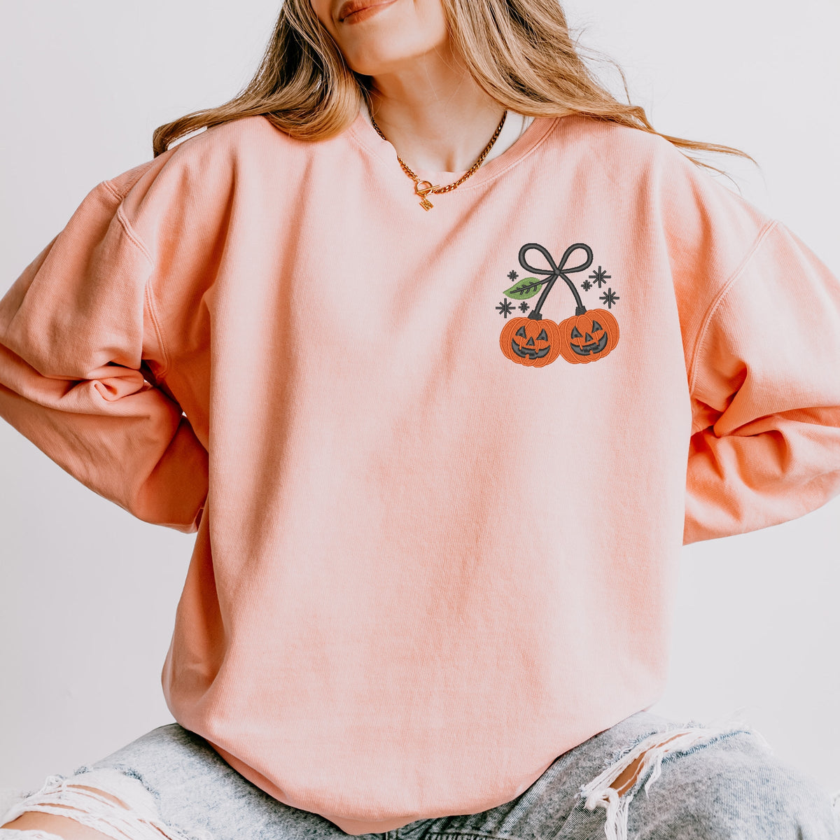 Embroidered Pumpkin Bow - Women's Lightweight Garment Dyed Sweatshirt