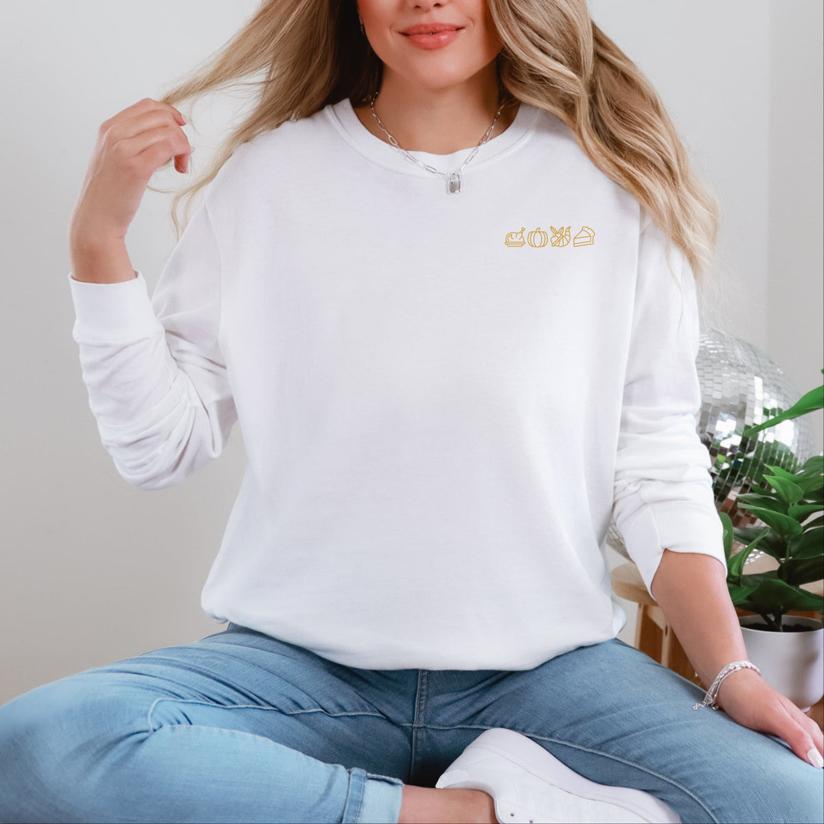 Embroidered Thanksgiving Icons - Womens Garment Dyed Long Sleeve