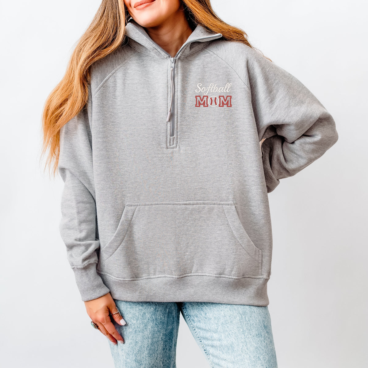 Embroidered Softball Mom - Women's Quarter Zip Fleece Graphic Sweatshirt
