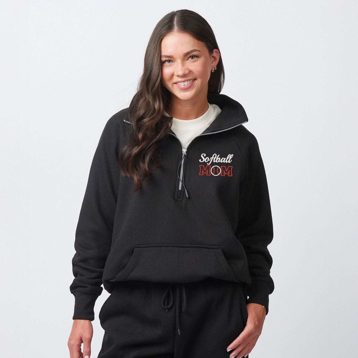 Embroidered Softball Mom - Women's Quarter Zip Fleece Graphic Sweatshirt