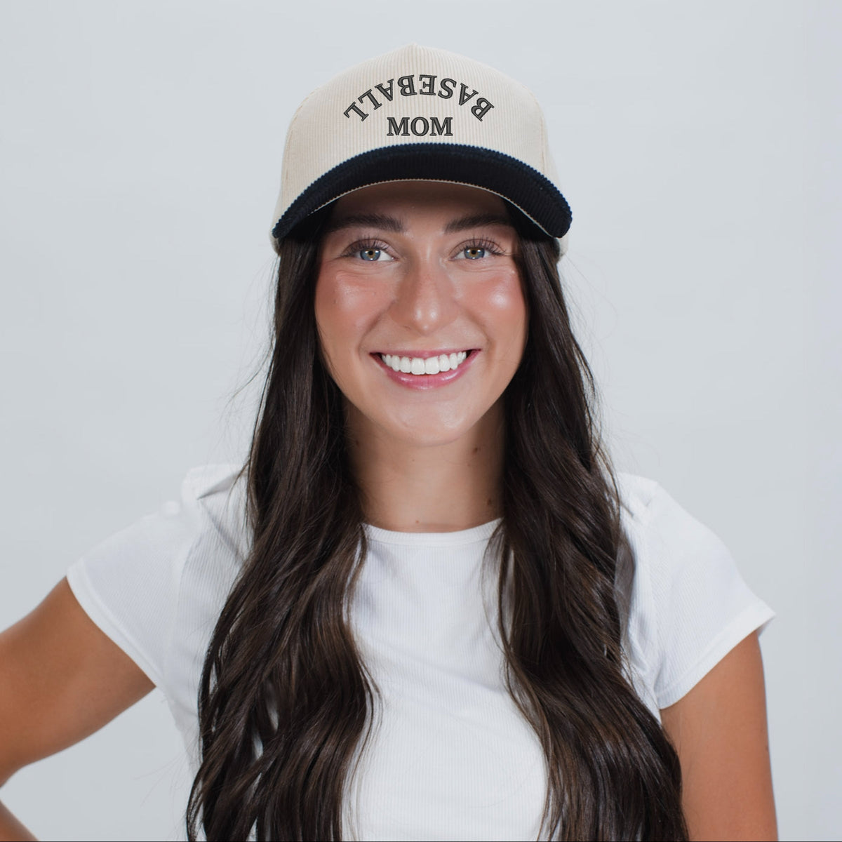 3D Puff Embroidered Baseball Mom Upside Down Arch - Women's Corduroy Trucker Hat
