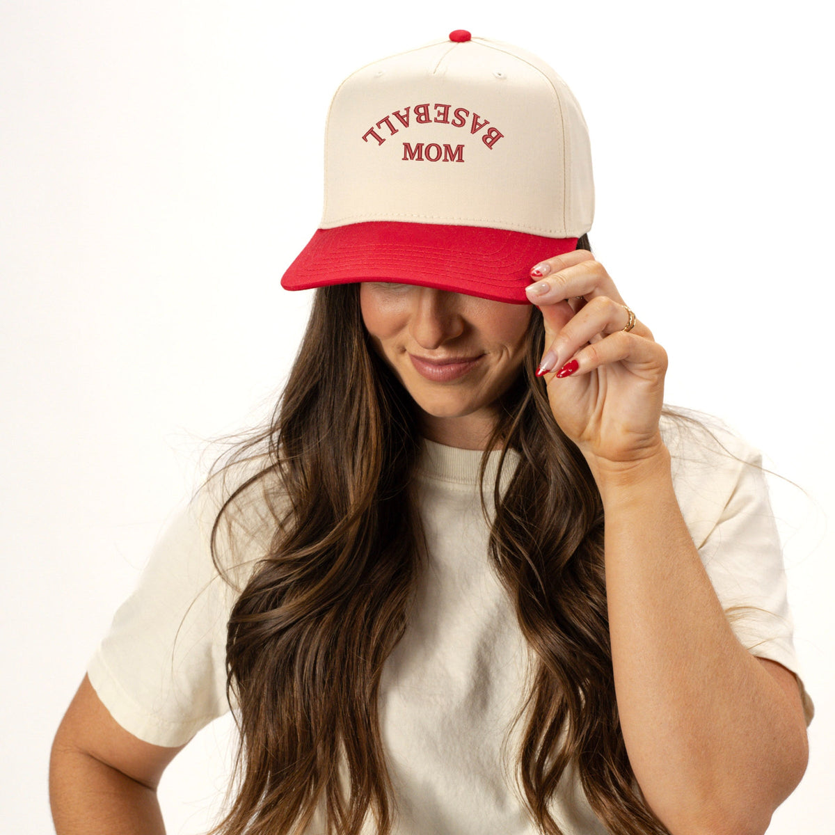 3D Puff Embroidered Baseball Mom Upside Down Arch - Women's Canvas Trucker Hat