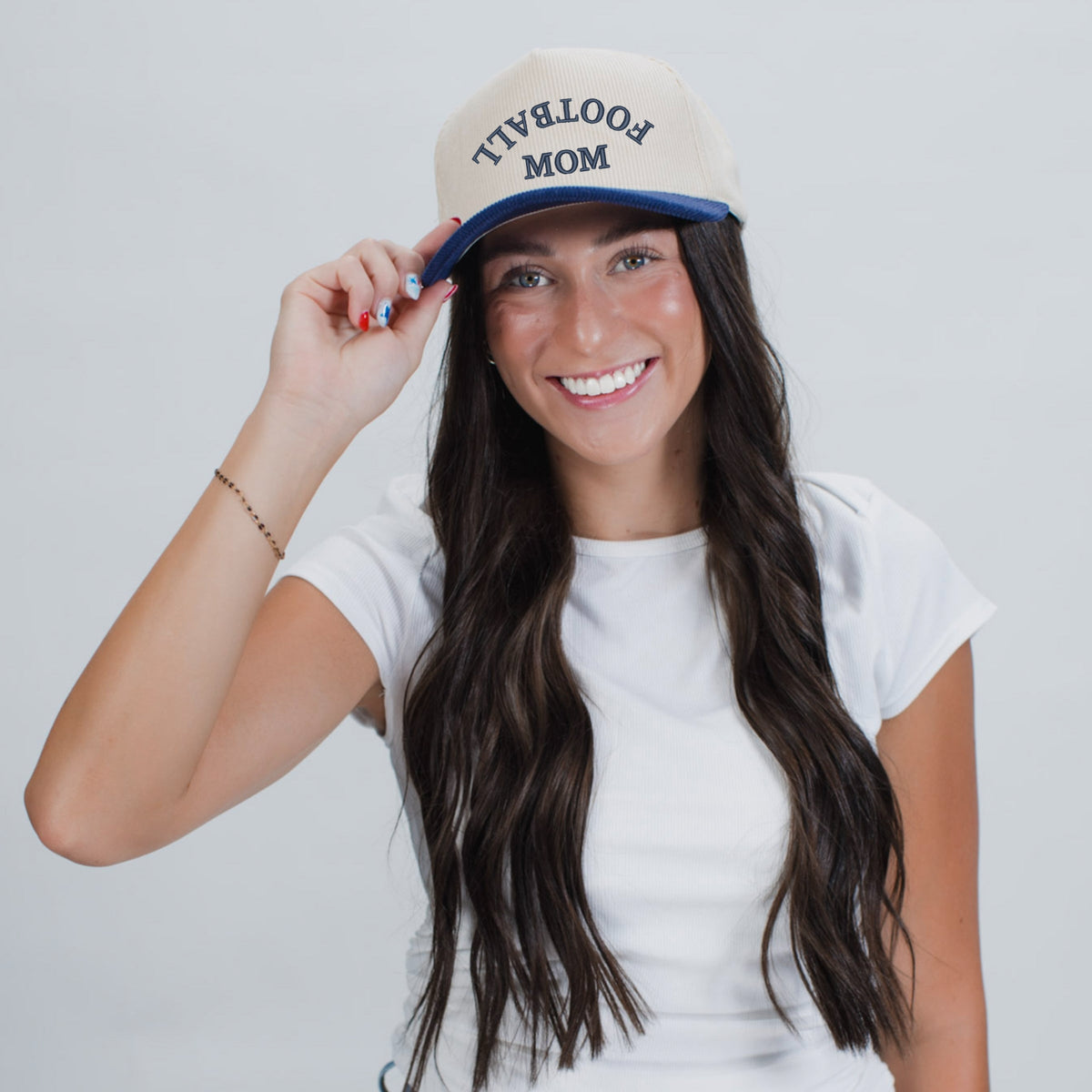 Embroidered Football Mom Upside Down Arch - Women's Corduroy Trucker Hat