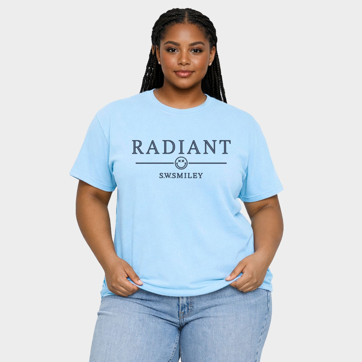 S.W.Smiley Embroidered Radiant Smiley Outline - Women's Plus Sized Garment Dyed Graphic T-Shirt