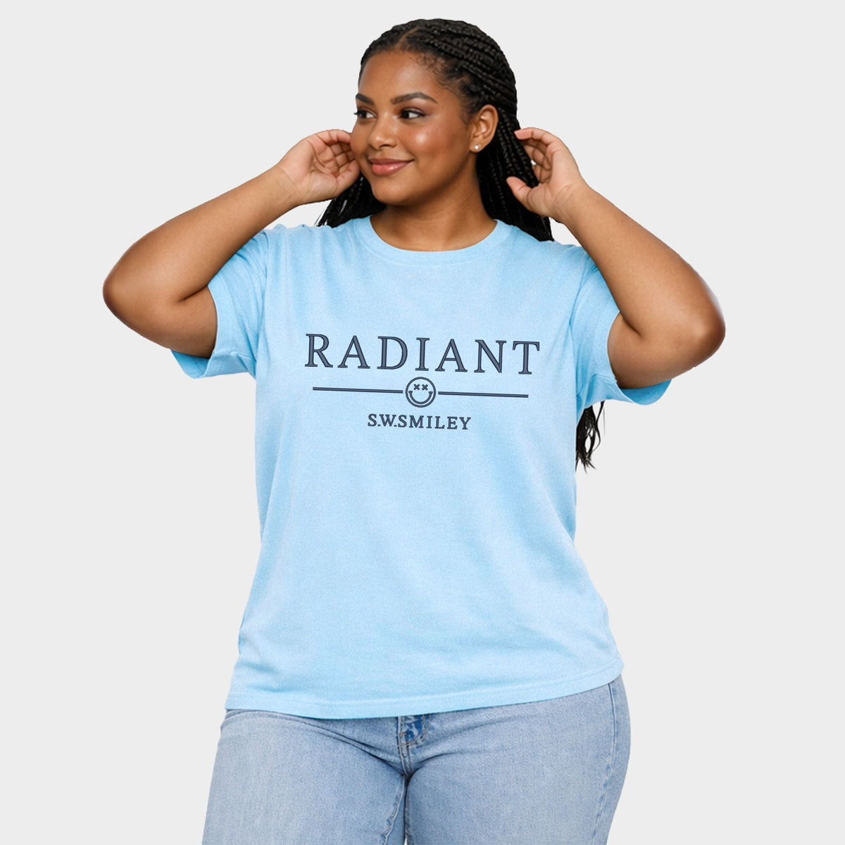 S.W.Smiley Embroidered Radiant Smiley Outline - Women's Plus Sized Garment Dyed Graphic T-Shirt
