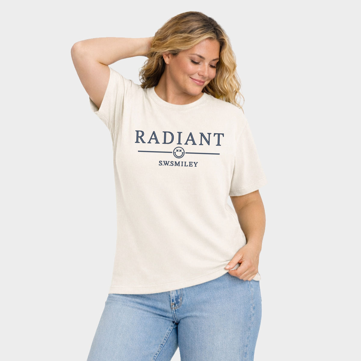 S.W.Smiley Embroidered Radiant Smiley Outline - Women's Plus Sized Garment Dyed Graphic T-Shirt