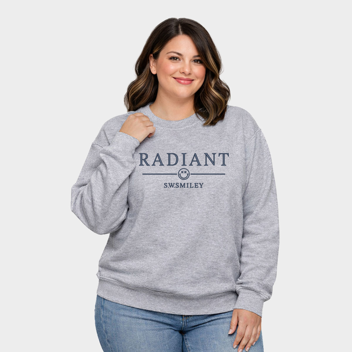 S.W.Smiley Embroidered Radiant Smiley Outline -  Women's Plus Sized Graphic Sweatshirt