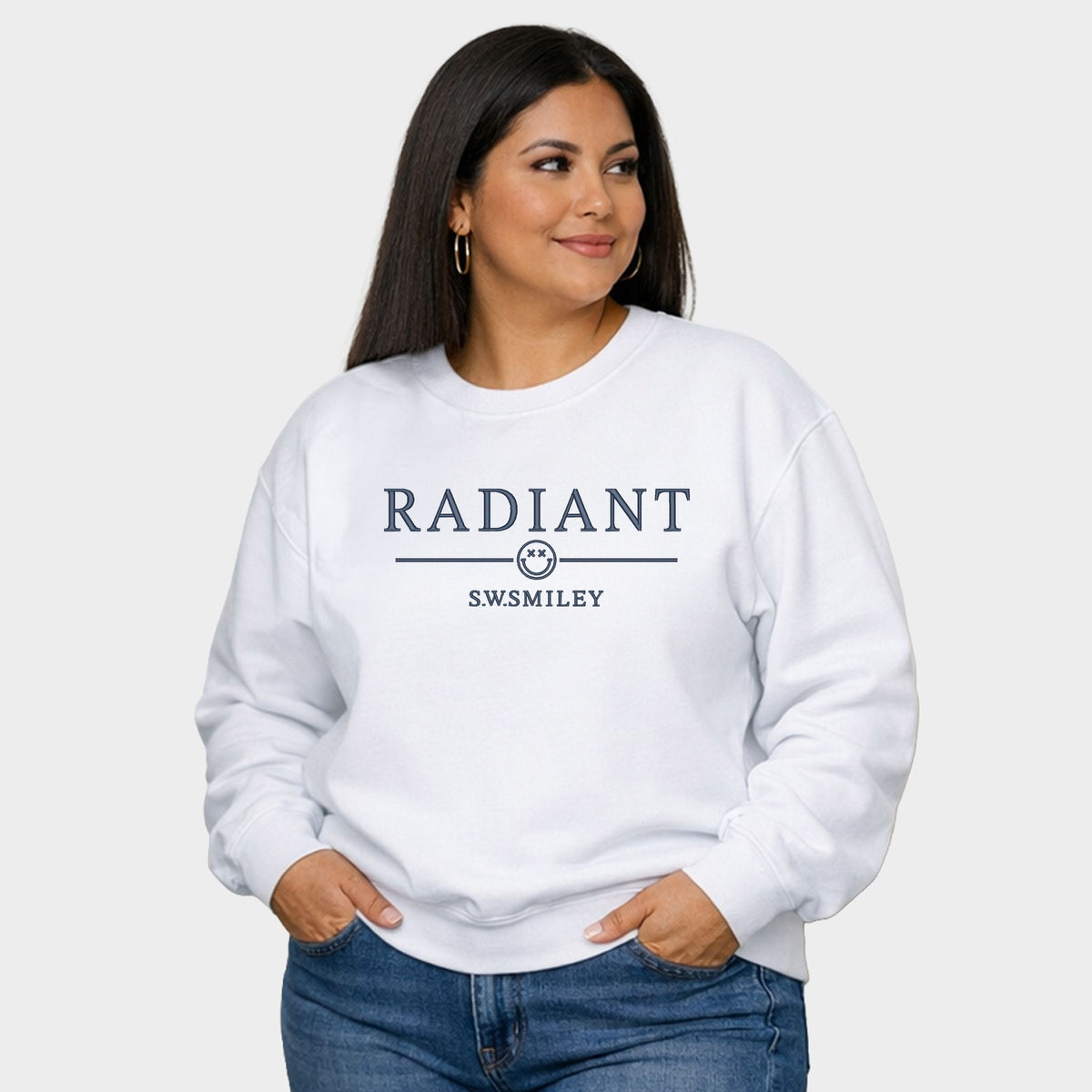 S.W.Smiley Embroidered Radiant Smiley Outline -  Women's Plus Sized Graphic Sweatshirt