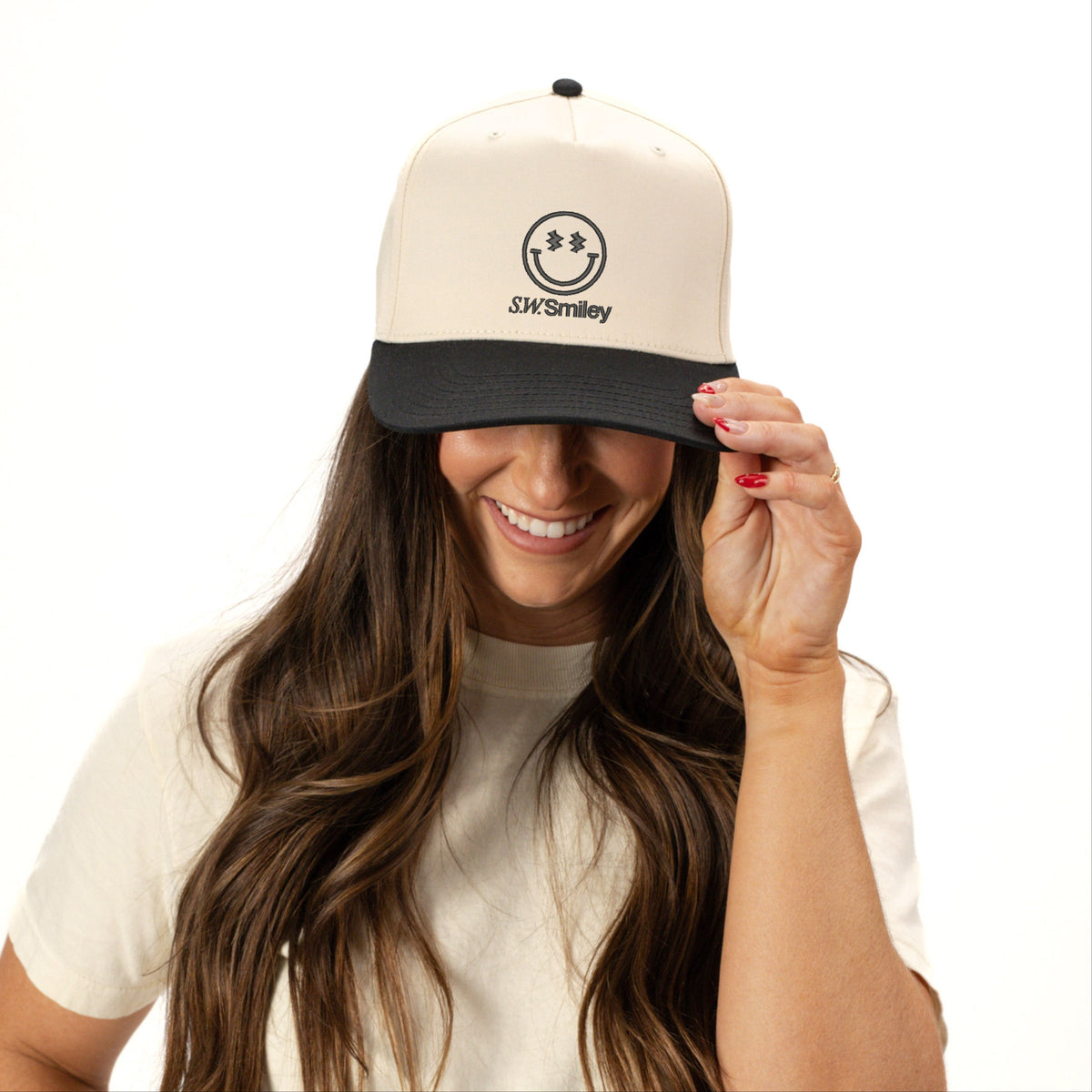 S.W.Smiley Embroidered Lightning Outline - Women's Canvas Trucker Hat