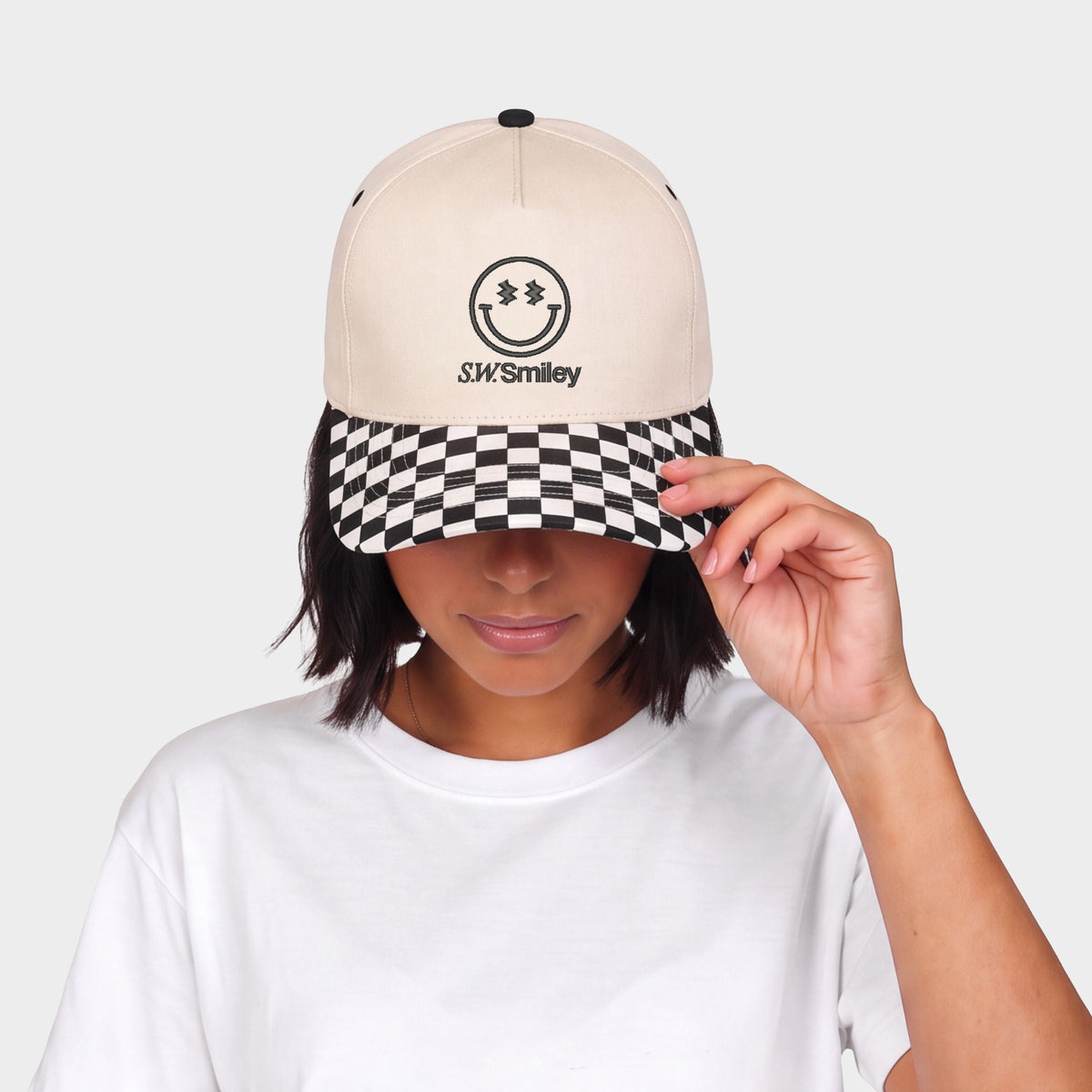 S.W.Smiley Embroidered Lightning Outline - Women's Canvas Trucker Hat