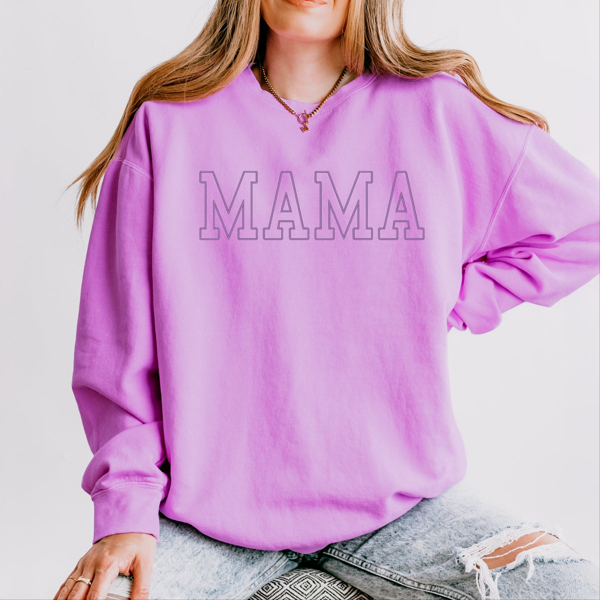 Embroidered Thin Mama Outline - Women's Lightweight Garment Dyed Sweatshirt