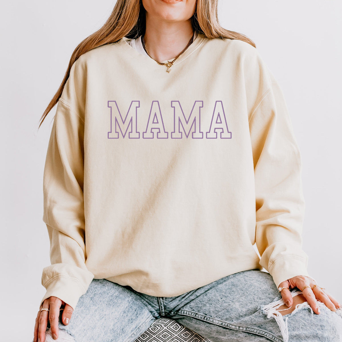 Embroidered Thin Mama Outline - Women's Lightweight Garment Dyed Sweatshirt