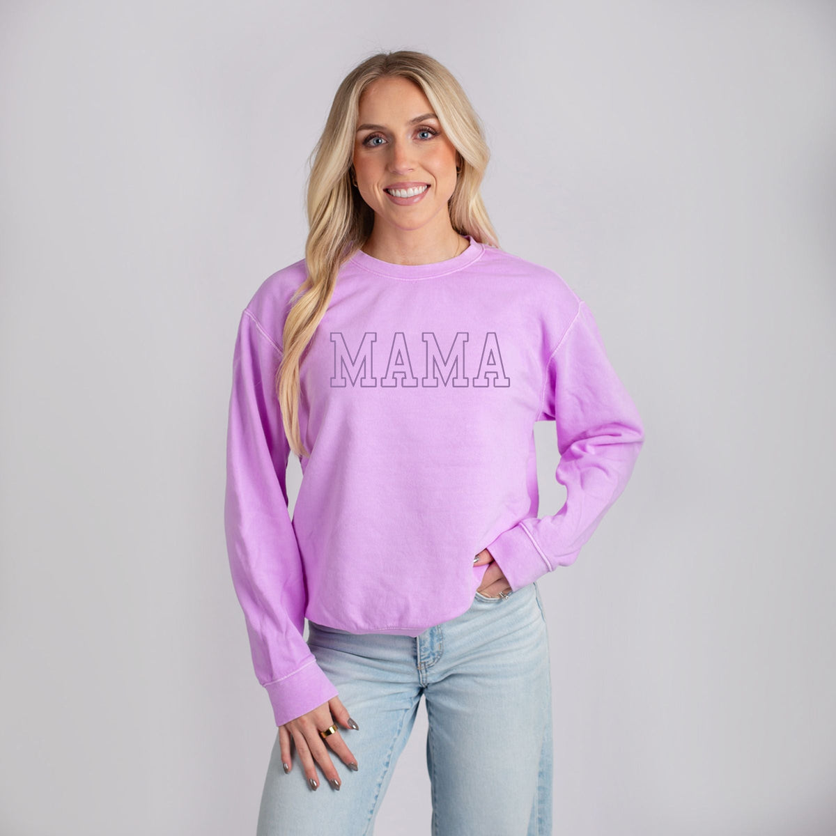 Embroidered Thin Mama Outline - Women's Lightweight Garment Dyed Sweatshirt