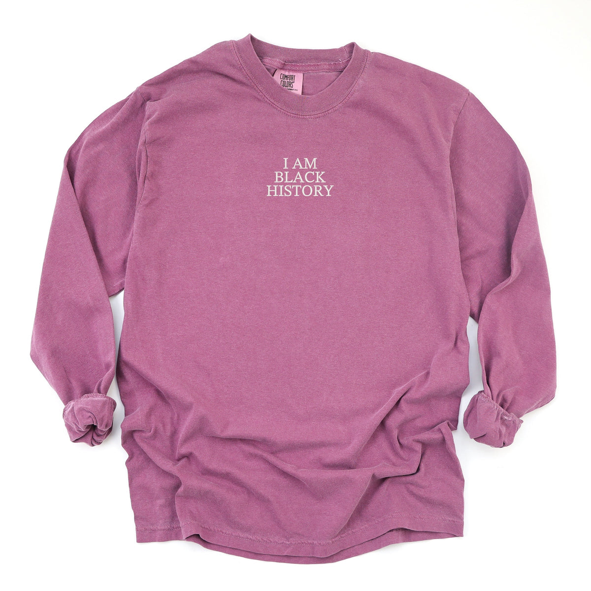 Embroidered I Am Black History - Women's Garment Dyed Long Sleeve Graphic T-Shirt