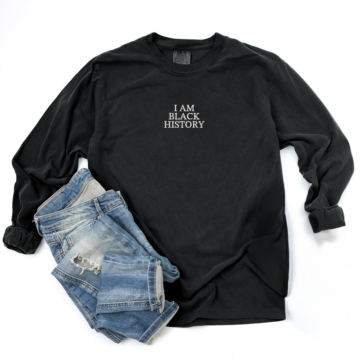 Embroidered I Am Black History - Women's Garment Dyed Long Sleeve Graphic T-Shirt