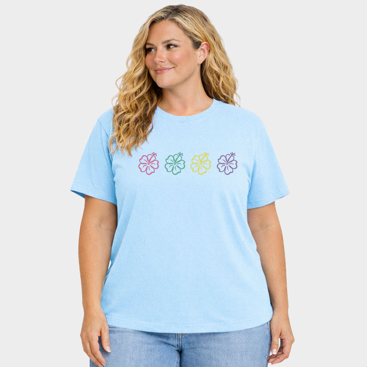 Embroidered Hibiscus Flowers - Women's Plus Sized Garment Dyed Graphic T-Shirt