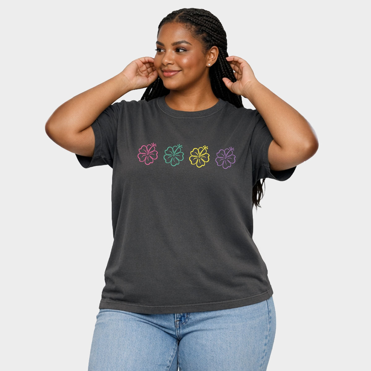 Embroidered Hibiscus Flowers - Women's Plus Sized Garment Dyed Graphic T-Shirt