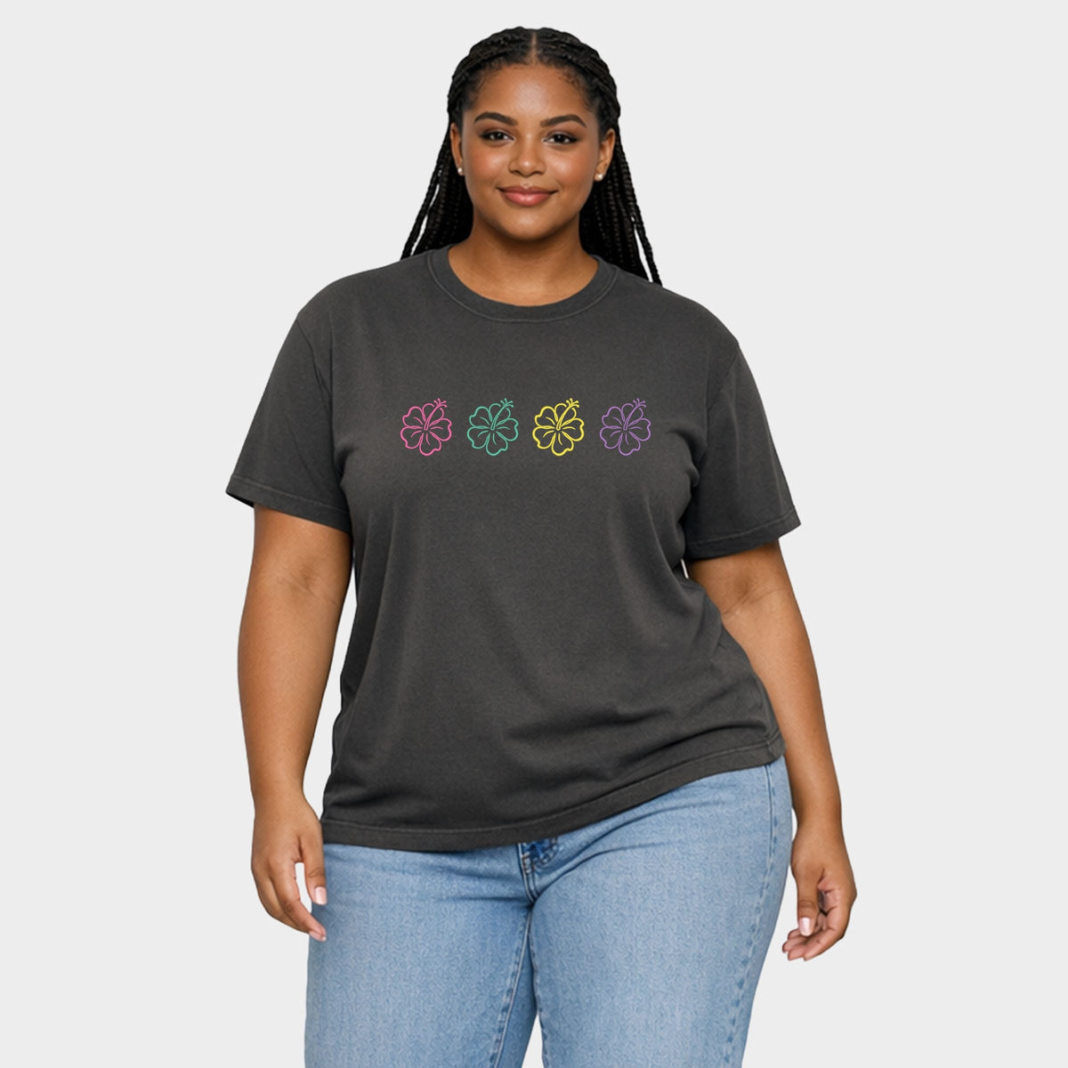 Embroidered Hibiscus Flowers - Women's Plus Sized Garment Dyed Graphic T-Shirt