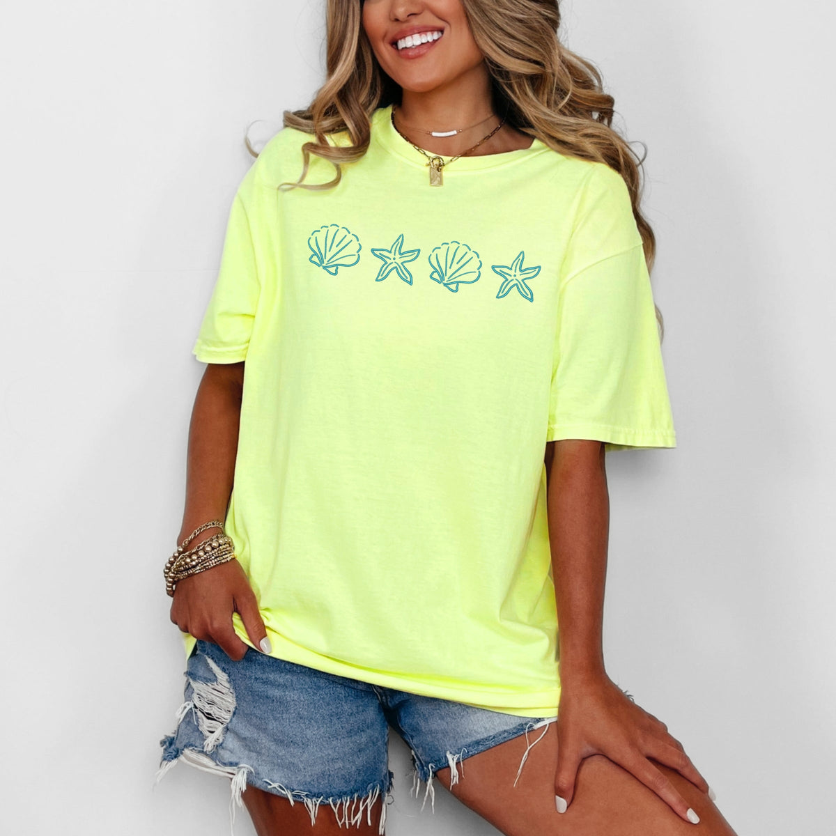 Embroidered Starfish and Shells - Women's Garment Dyed Graphic T-Shirt