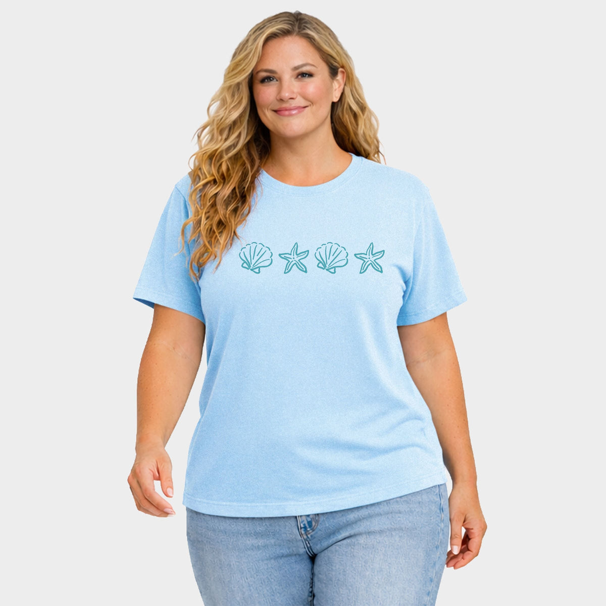 Embroidered Starfish and Shells - Women's Plus Sized Garment Dyed Graphic T-Shirt